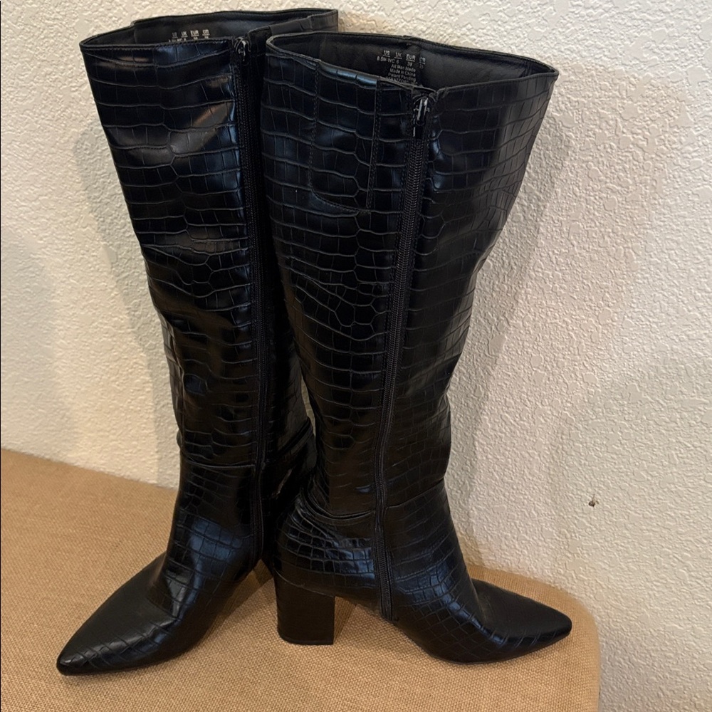 Black Croc-Embossed Knee-High Boots - Picture 2 of 4